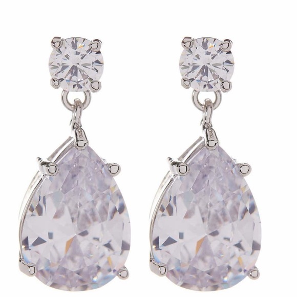 CZ by Kenneth Jay Lane Jewelry - Round & Pear CZ Dangle Earrings- clear, silver